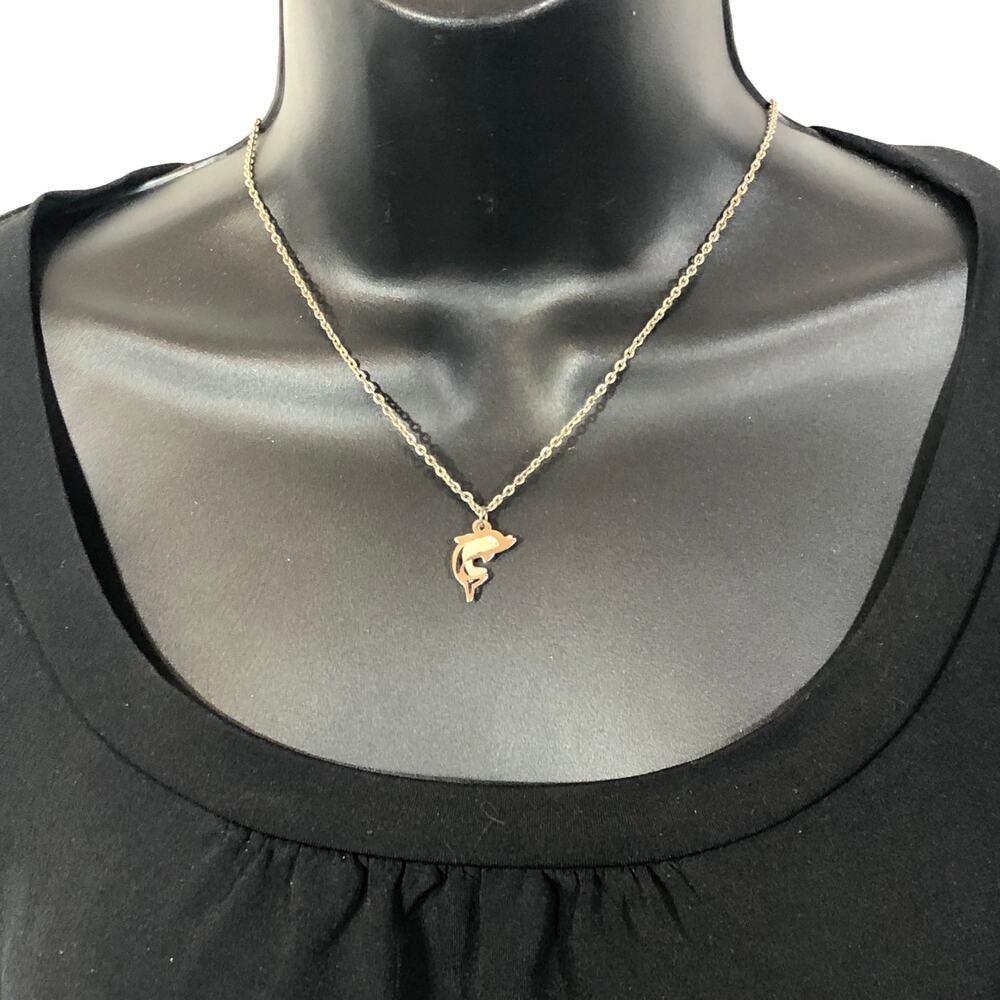 Layered Dolphin Charm Necklace Silver Tone 18"